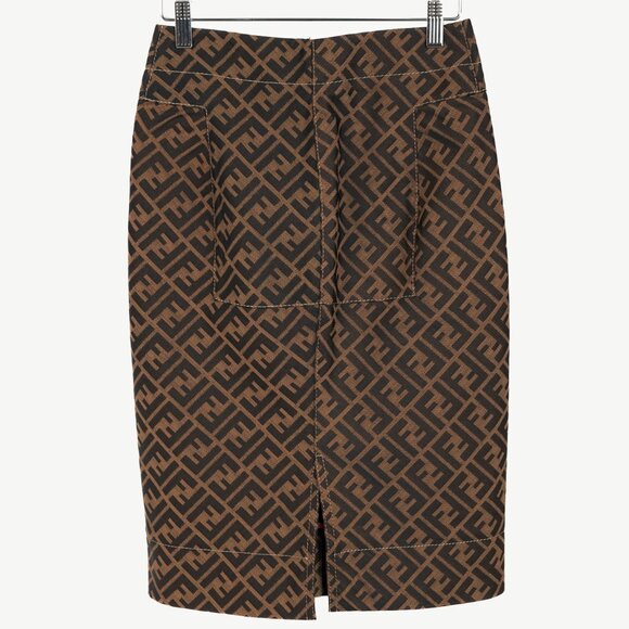 Fendi Brown Zucca-Monogram Leather-Trim Pencil Skirt - Picture 2 of 10